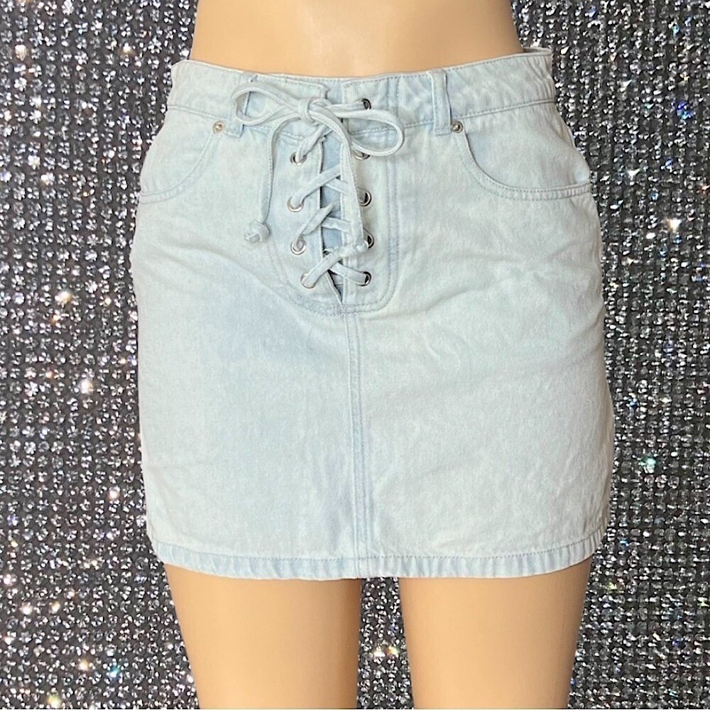 F21 skirt lace up corset denim jean light wash western boho sexy cute stampede
